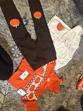 Kids Pumpkin Sweater Set with Orange Knit Cardigan and White Button Cardigan
